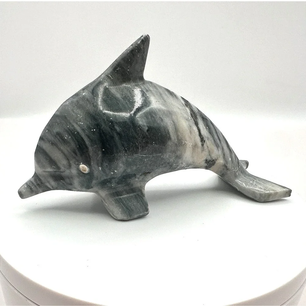 Vintage 90s Dolphin Figurine Gray Marbled Soapstone Ocean Home Decor Accessories